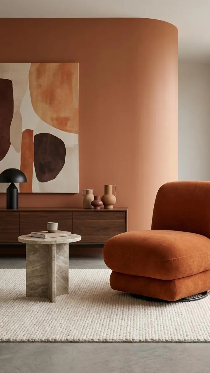 Poltrona giratória terracota diante de uma parede curva