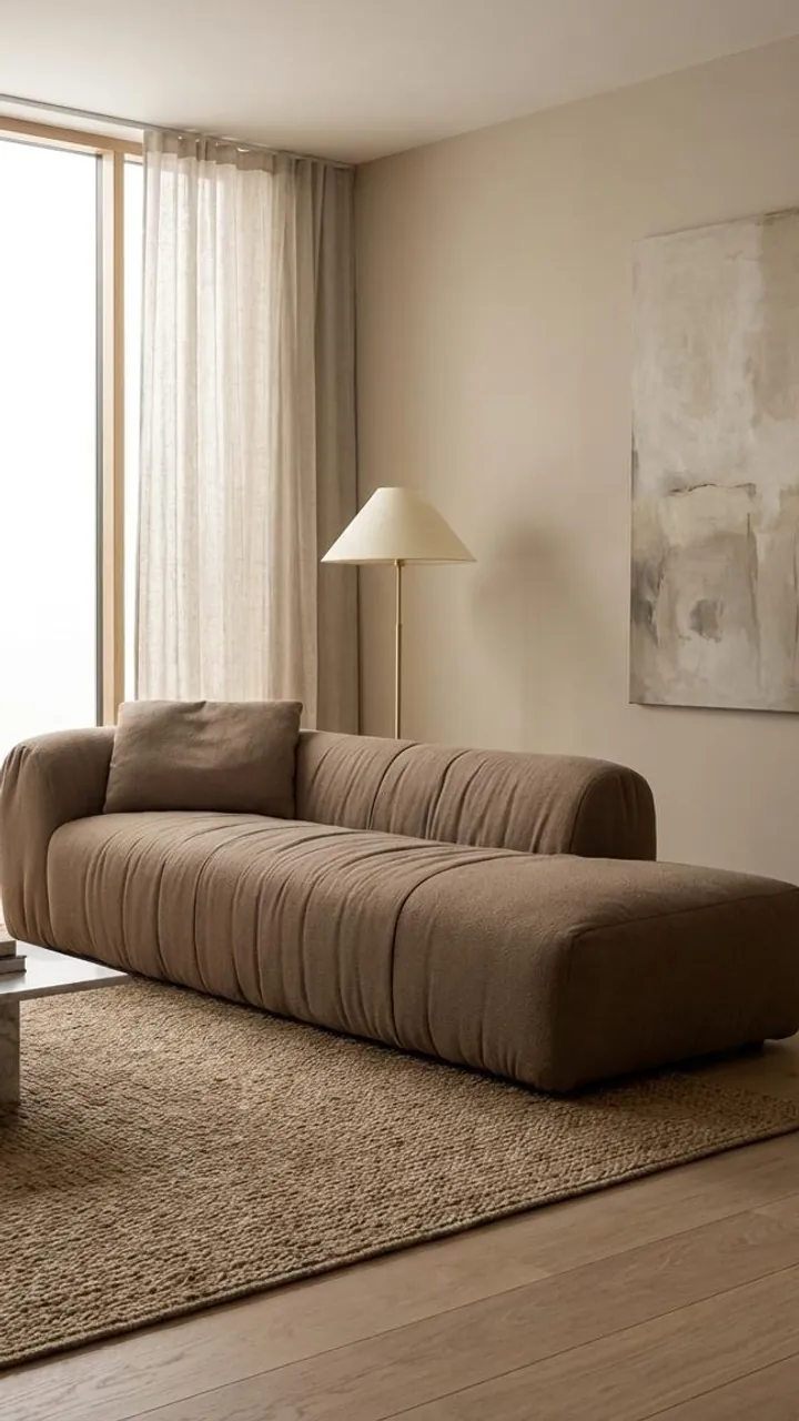 Sofá com chaise em tecido marrom junto à janela
