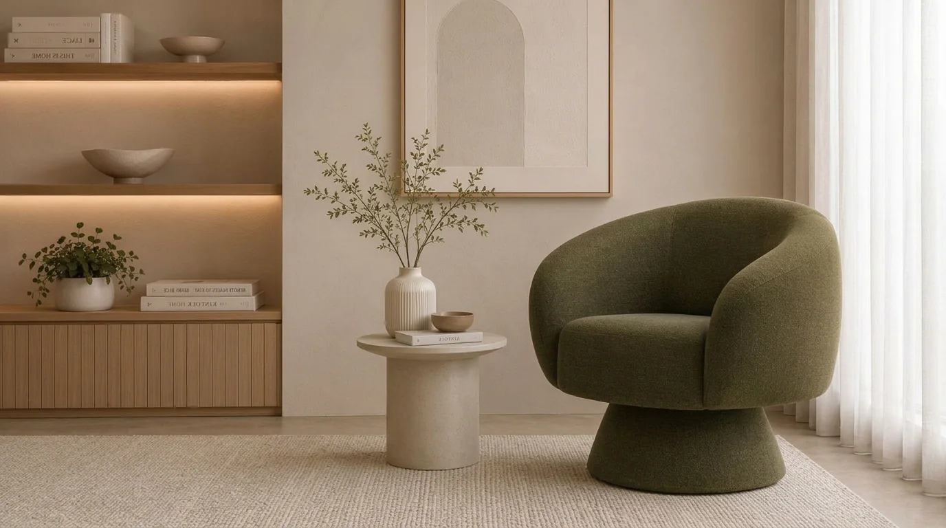 Sillón giratorio verde junto a una mesa auxiliar y una estantería iluminada